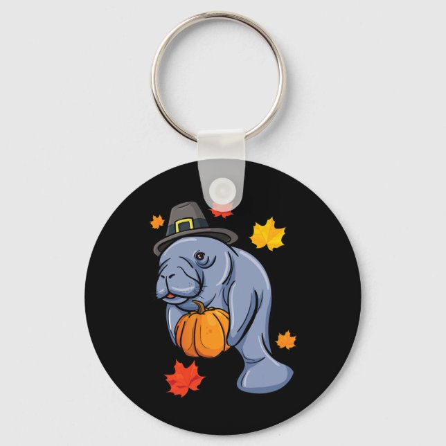 Chaveiro Ação de Graças Manatee Pilgrim Fall Pumpkin Dugong (Frente)