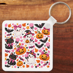 Chaveiro Adesivo de Fantasma de Halloween com Laço Rosa Fof
