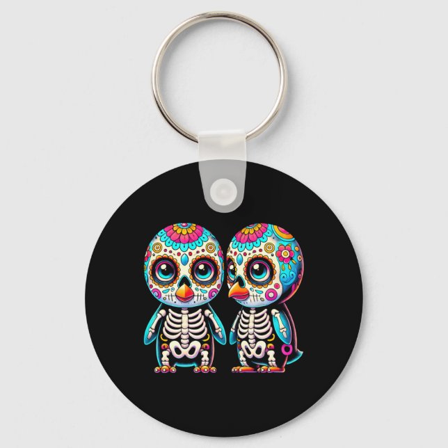 Chaveiro Adorável Pinguim de Dia de Muertos Caveira de Açúc (Frente)