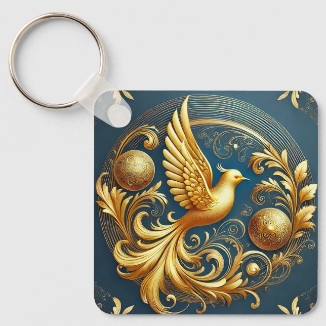 Chaveiro Adorno Dourado com Motivo de Pássaro (Frente)