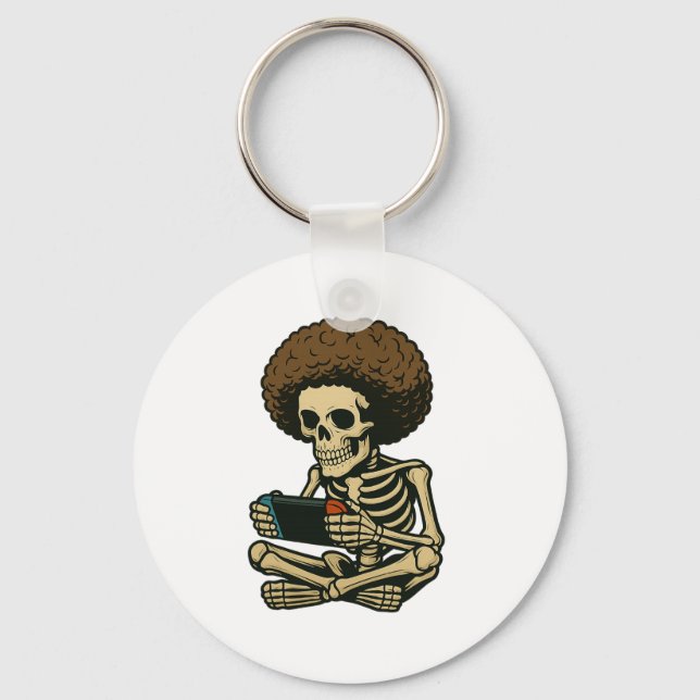 Chaveiro Afro Gamer Skeleton Jogando Vídeo Jogo Retro Engra (Frente)