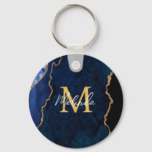 Chaveiro Ágata Marmore Azul Naval e Dourado