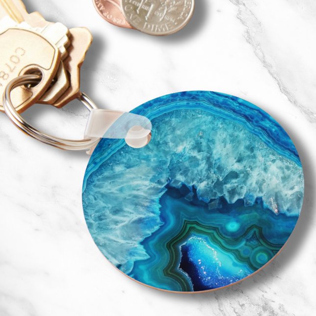 Chaveiro Agato de mármore azul moderno (Cute Trendy Blue Turquoise Crystal Agate Geode Keychain)