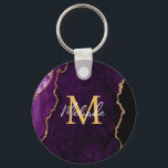 Chaveiro Agato de mármore roxo e Dourado<br><div class="desc">Este chaveiro apresenta um fundo de mármore elegante e glamouroso com detalhes geométricos de gemstone e sotaques dourados falsos. O monograma combina o guião manuscrito e as fontes sans serif modernas para um aspecto elegante e sofisticado. Isso fará o presente ideal, pois ele pode ser personalizado com um nome e...</div>