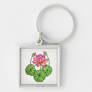 Chaveiro Aguarela Lotus cor-de-rosa com botões & folhas