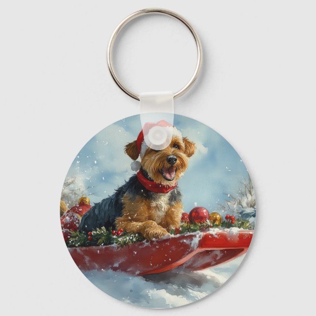 Chaveiro Airedale Dog em Sledge Deixe-o nevar no Natal (Frente)
