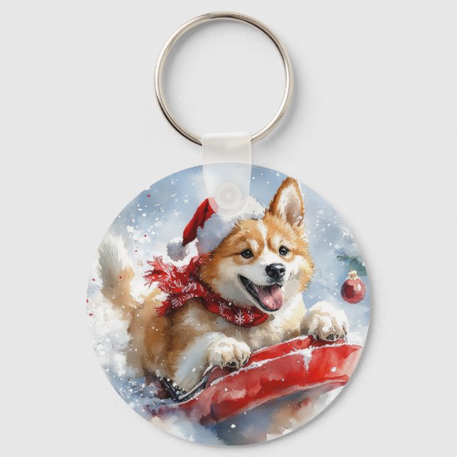 Chaveiro Akita Dog em Sledge Deixe-o nevar no Natal (Frente)