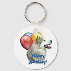 Chaveiro Alaskan Malamute Feliz Balões de Aniversário