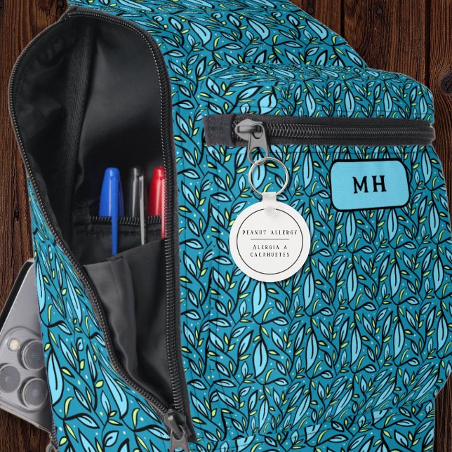 Chaveiro Alerta de Alergia Bilíngue a Preto e Branco (Bilingual peanut allergy warning keychain, personalized  food allergy warning multilingual project)