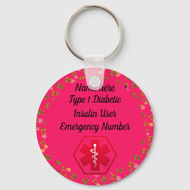 Chaveiro Alerta para diabéticos Personalizado Tipo 1 ou 2 (Frente)