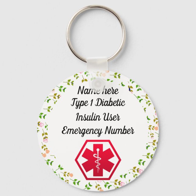 Chaveiro Alerta para diabéticos Personalizado Tipo 1 ou 2 (Frente)