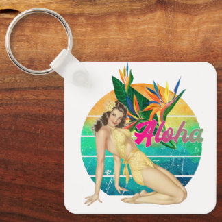Chaveiro Aloha Tropical Pin-up Girl retro sunset art