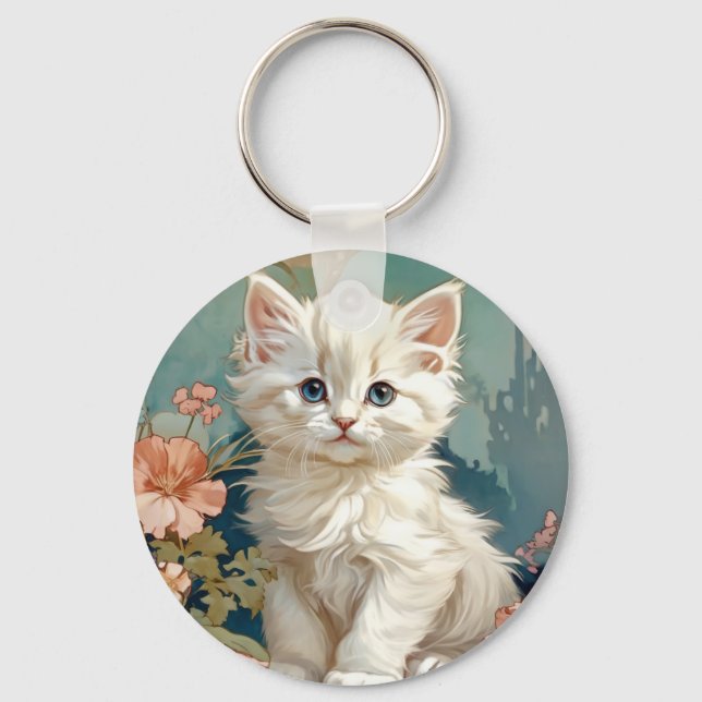 Chaveiro Alphonse Mucha Style White Cat (Frente)