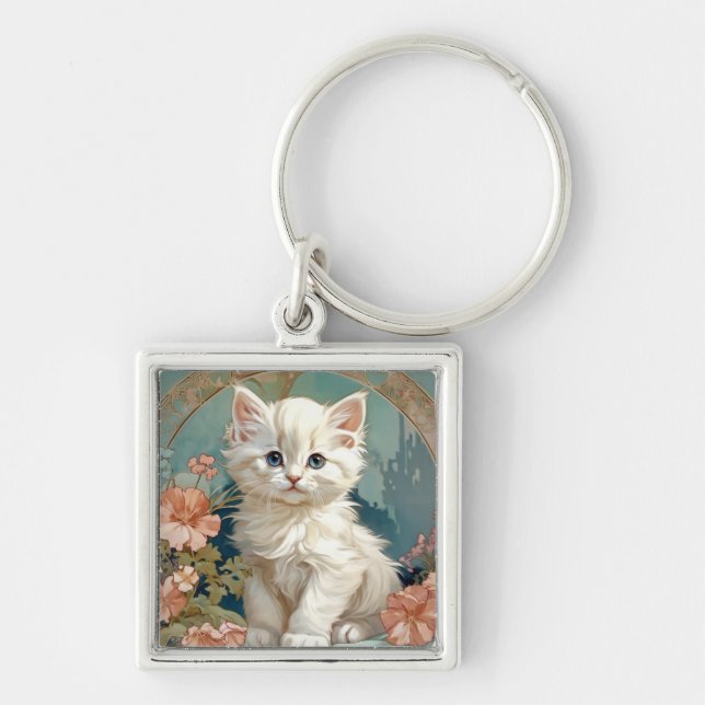 Chaveiro Alphonse Mucha Style White Cat (Frente)
