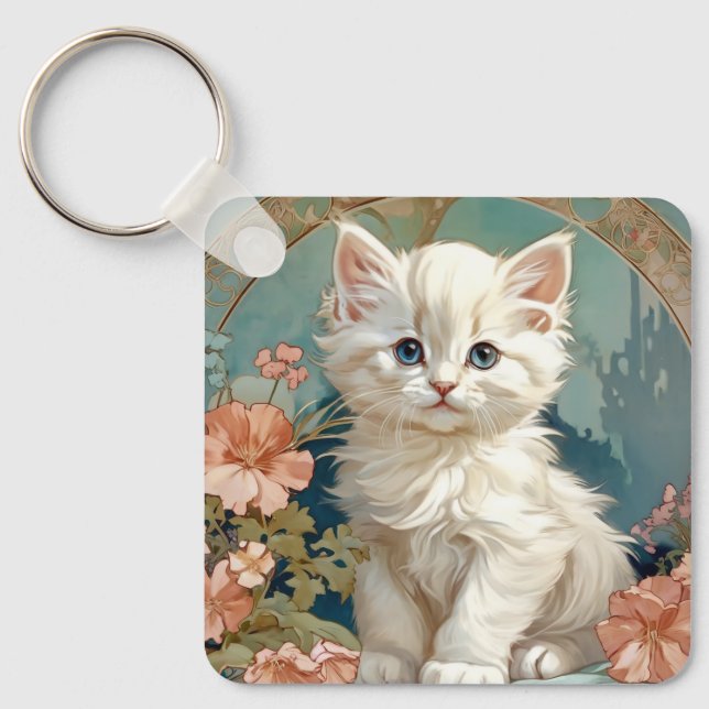 Chaveiro Alphonse Mucha Style White Cat (Frente)