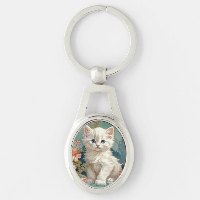 Chaveiro Alphonse Mucha Style White Cat (Frente)