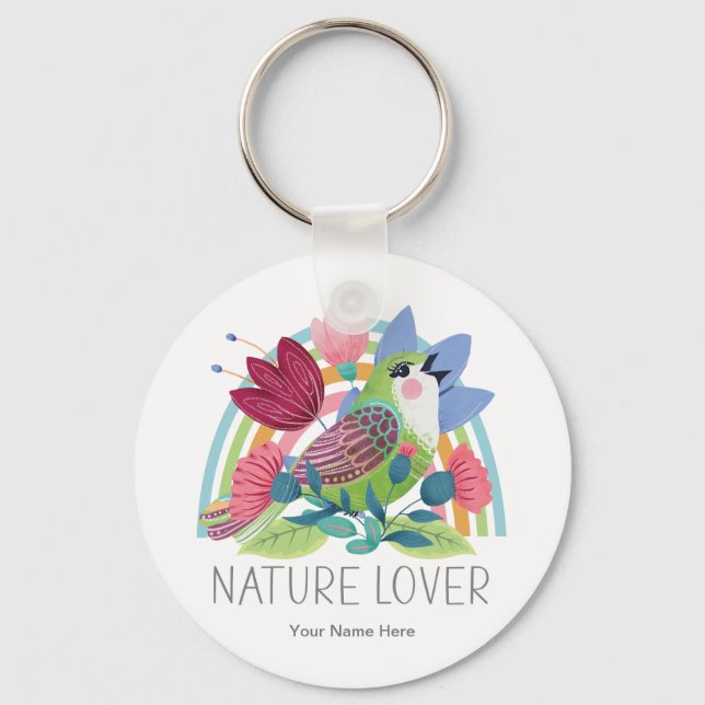 Chaveiro Amante da Natureza Aquarela Pássaro Flores Arco-ír (Frente)