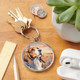 Chaveiro Amante de Cachorro Beagle com Prado de Flores Silv