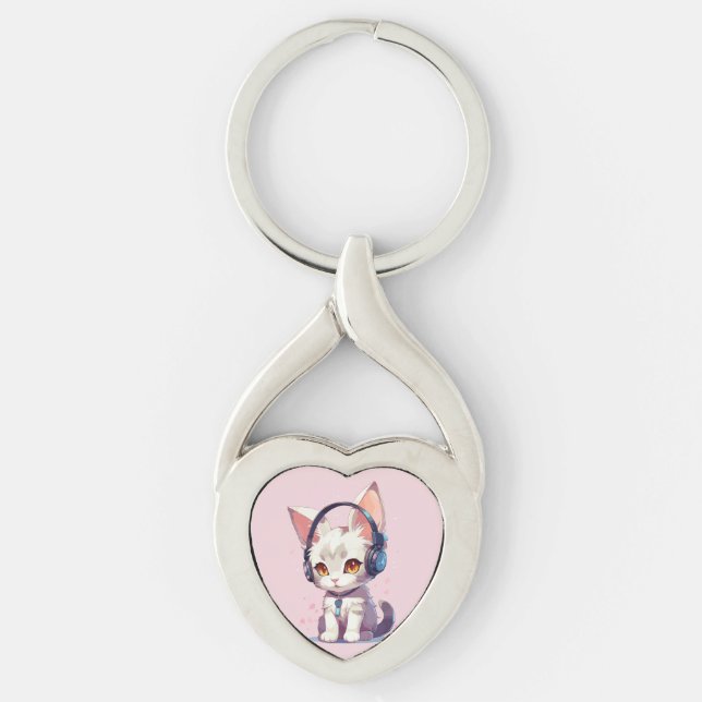Chaveiro Amuleto de Gatinho Fofo com Fones de Ouvido (Frente)