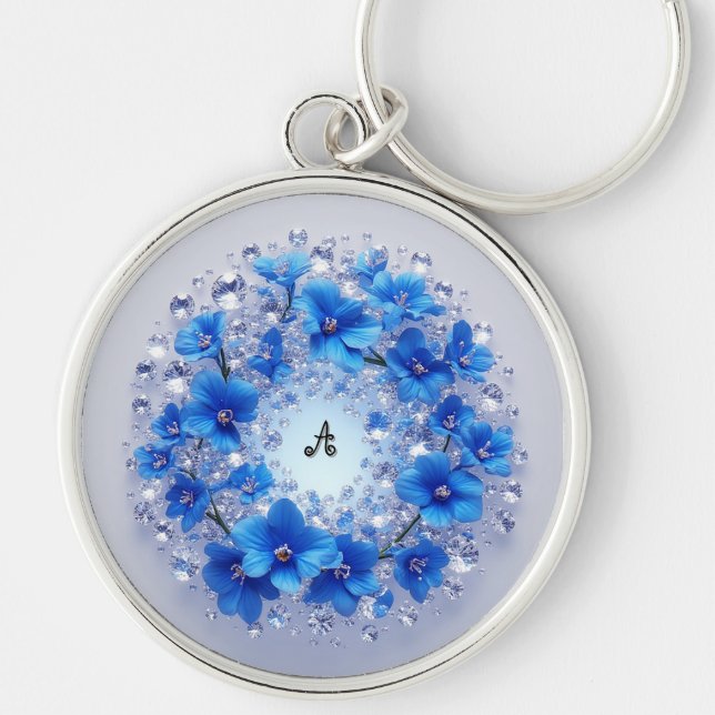 Chaveiro 💎 Amuleto de Nome Personalizado com Floral Azul e (Frente)