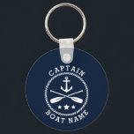 Chaveiro Anchor Oars Stars Nome Capitão Foto de Volta<br><div class="desc">Um chaveiro de metal, de dois lados e redondos. Na frente está o seu nome personalizado, nome do barco ou outro texto e a classificação do Capitão ou outro título, conforme desejado. O lado frontal também apresenta uma âncora de barco personalizada com remos, estrelas e design de círculo de corda....</div>