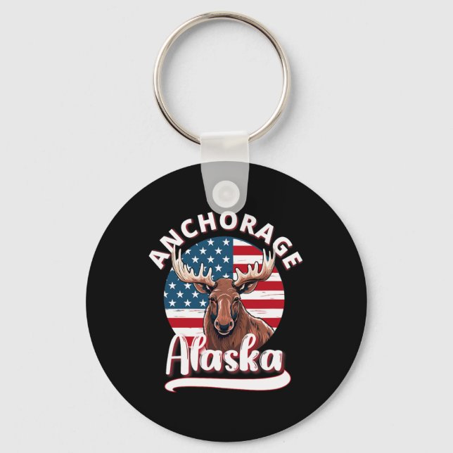 Chaveiro Anchorage Alaska Moose Exibindo Bandeira do Alasca (Frente)
