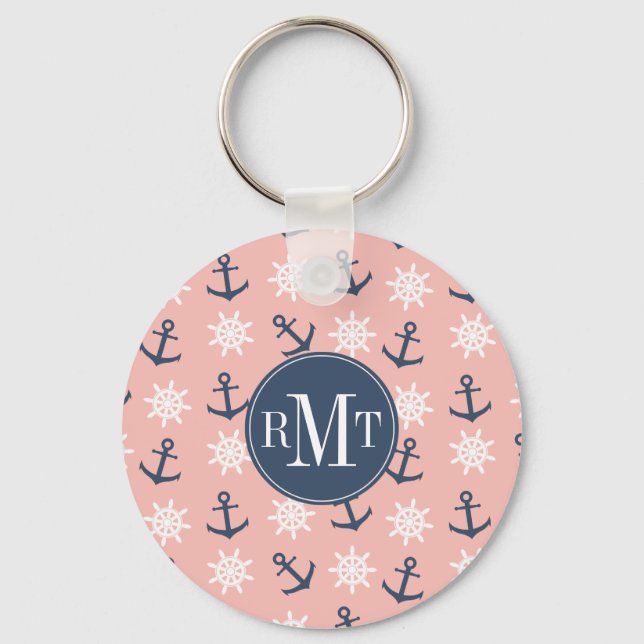 Chaveiro Ancoragem azul do marinho de coral náutico e padrã (Frente)