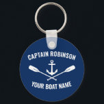Chaveiro Ancoragem Náutica Oars Capitão e Marinho de Nome d<br><div class="desc">Âncora e remos náuticos - Pás com o Capitão Personalizado e o Nome do Barco num Chaveiro Marinho azul redondo.</div>