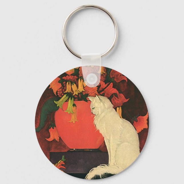 Chaveiro Animais Antigos, Gato Branco Elegante, Flores de O (Frente)