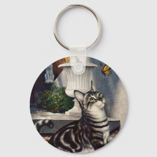 Chaveiro Animais Antigos, Gato Tabby Fofo e Borboleta