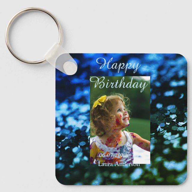 Chaveiro Aniversário de criança de fotos azul verde-brilhan (Frente)