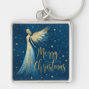Chaveiro Anjo de Natal Dourado em Azul-Marinho Estrelado