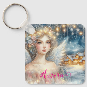 Chaveiro Anjo de Neve Festivo Dourado Aquarela Etéreo Gelo