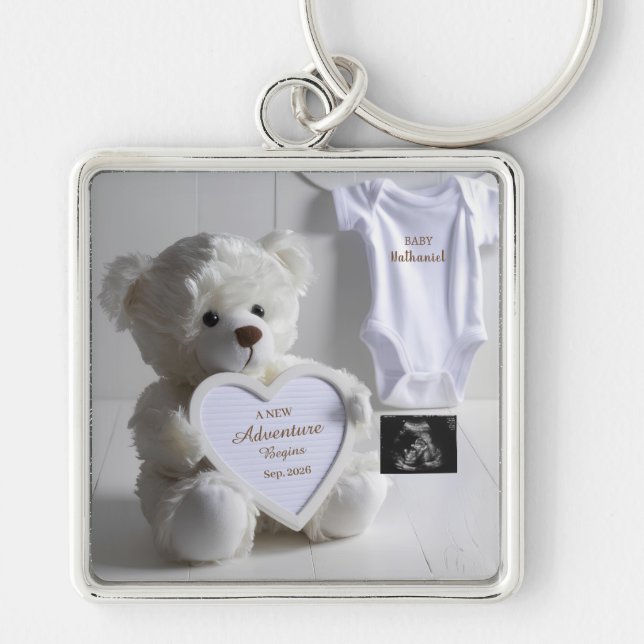 Chaveiro Anúncio de gravidez Urso Branco Minimalista (Frente)