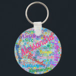 Chaveiro Any Name Collage Girly Keychain with Flowers<br><div class="desc">These fun keychains feature a colorful girly design personalized with the name of your choice appearing in numerous different fonts and colors. The names are displayed over a blue background with multi-colored flowers. Great gift or favor for a girl's birthday party, or any time you want a fun keychain with...</div>