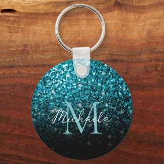 Chaveiro Aqua blue Turquoise faux glitter sparkles Monogram
