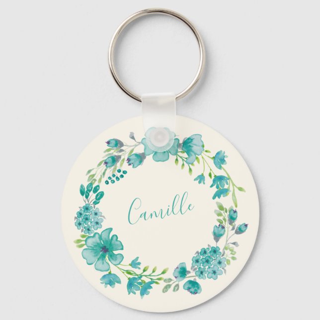 Chaveiro Aqua Sea Green Floral Wreath Personalizado (Frente)