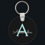 Chaveiro Aqua Teal Blue Script Girly Monographic Name<br><div class="desc">Chaveiros com nomes de Monograma Simples de Script Azul Preto e Aqua (Cadeia-Chave). Isto faz o doce e perfeito aniversário de 16 anos,  casamento,  chá de panela,  aniversário,  chá de fraldas ou festa de solteira presente para alguém que ama luxo de luxo e estilos quíticos.</div>