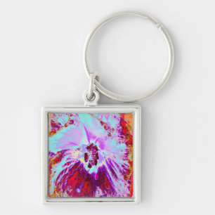 Chaveiro Aqua tropical abstrato e flor de hibisco roxa