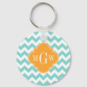 Chaveiro Aqua Wht Chevron Cantaloupe Quatrefoil 3 Monograma