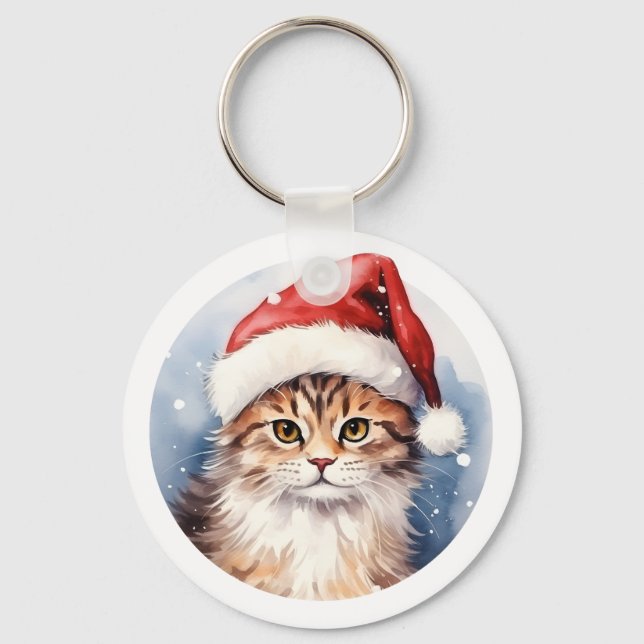 Chaveiro Aquarela Adorável Gato de Natal Bonito (Frente)