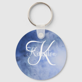 Chaveiro Aquarela Azul e Branco Monogramada