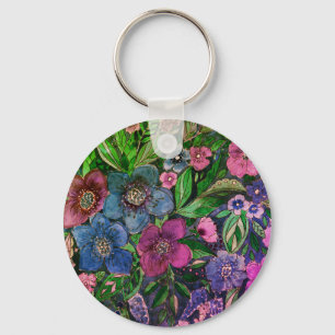 Chaveiro aquarela, azul e púrpura, anêmonas