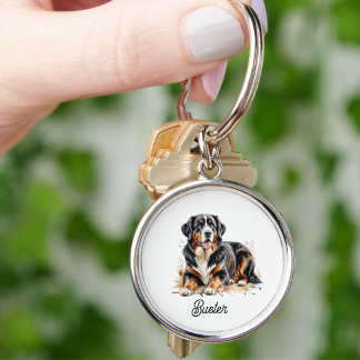Chaveiro Aquarela de Pet Bernese Mountain Marrom Personaliz