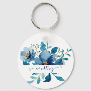 Chaveiro Aquarela floral personalizada azul brilhante