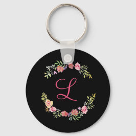 Chaveiro Aquarela Floral Rosa, Amarelo e Verde com Monogram