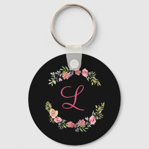 Chaveiro Aquarela Floral Rosa, Amarelo e Verde com Monogram