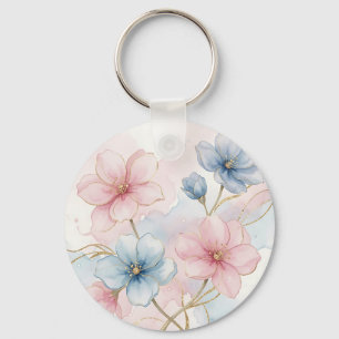 Chaveiro Aquarela Floral Rosa Azul Elegante