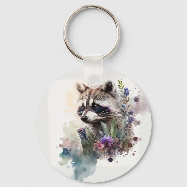 Chaveiro Aquarela Guaxinim Fofo Flores de Primavera         (Frente)