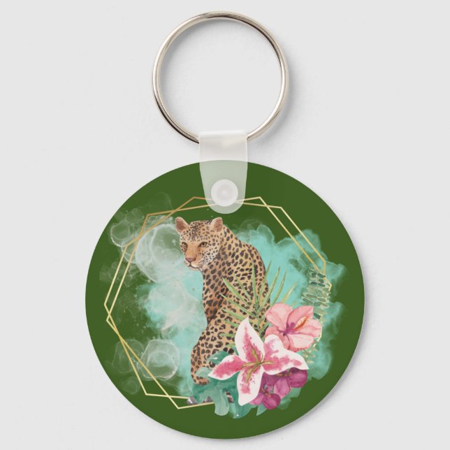 Chaveiro Aquarela Leopardo e Moldura Tropical (Frente)